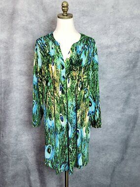 La Cera Peacock Feather Tunic Top Plus Size 3X Pleated Front Boho Art to Wear